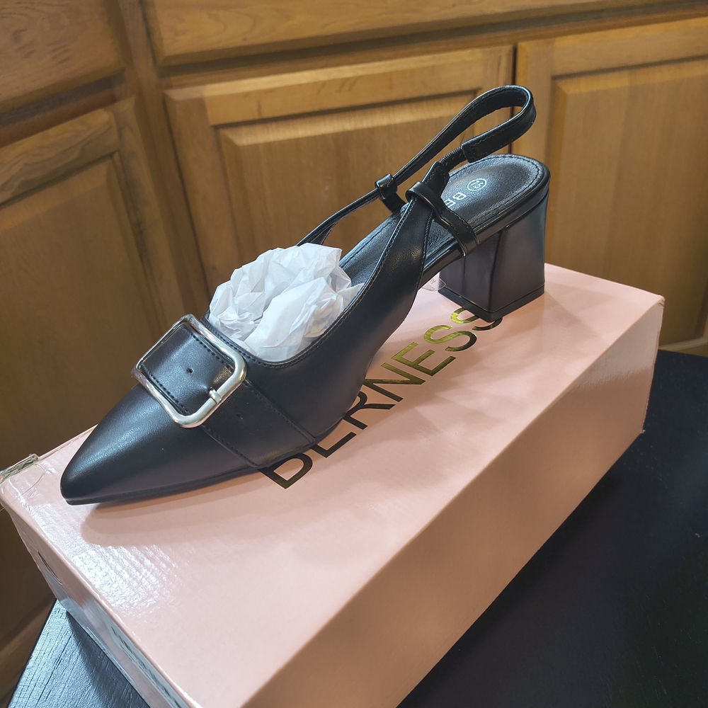 Berness Black Slingback Buckle Block Heels Casual Dressy Women Shoes Pumps 7.5